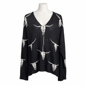 Rock & Roll Denim Longhorn Skull Sweater XL Oversized Western Graphic Knit Top